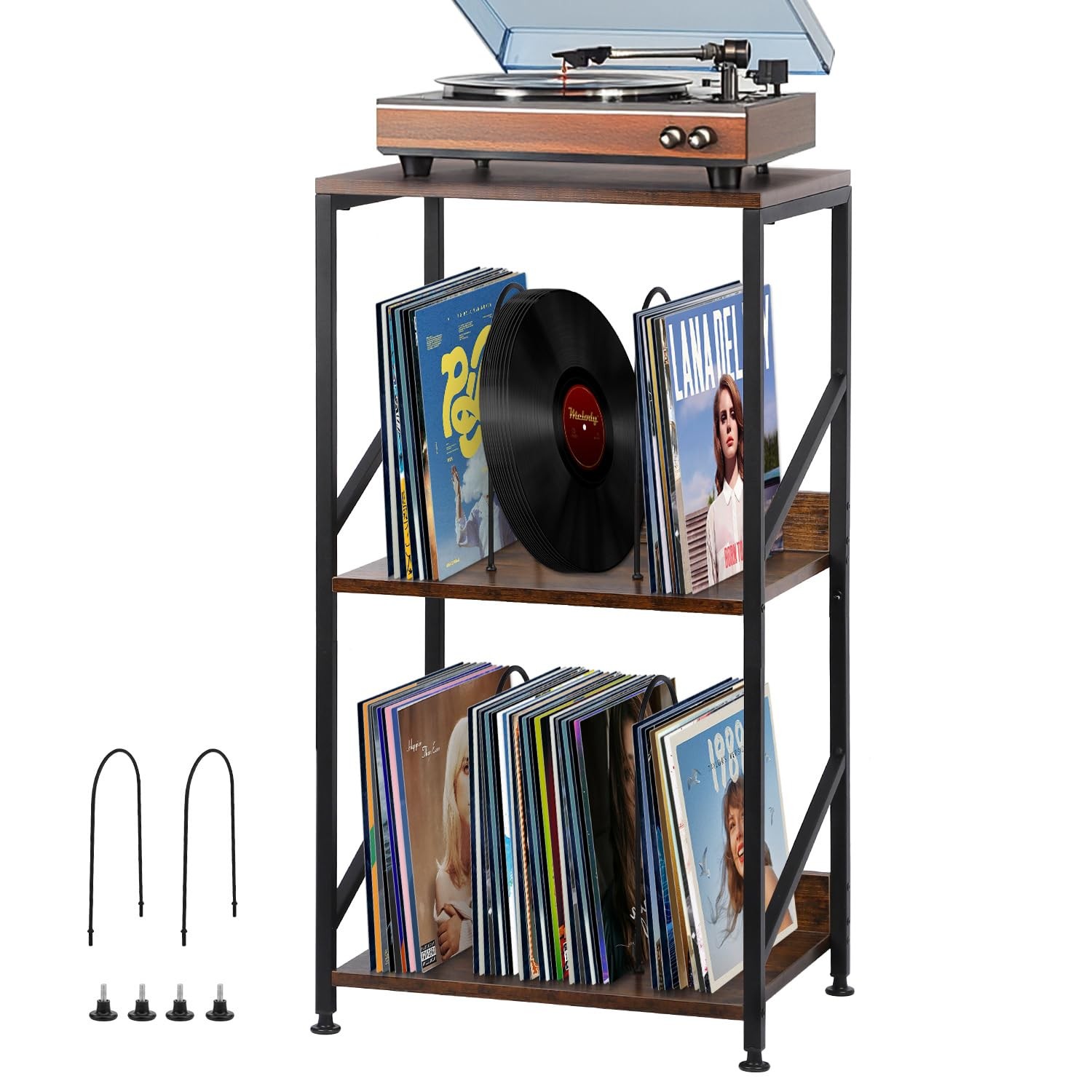 3-Tier Record Player Stand with Storage for 200 Albums, Vinyl Display End Table