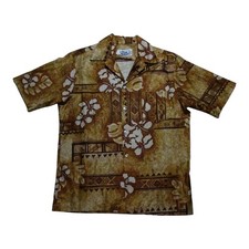 Vintage Hilo Hattie Hawaiian Shirt Men's L Brown Floral Short Sleeve Button Up