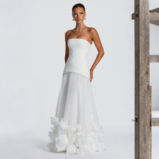 Strapless White Formal Dress Fitted Pleated 3D Floral Floor Length Evening Gown