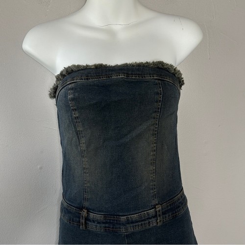 Mono de mezclilla CELLO EE. UU. Vintage sin tirantes acampanado pierna flecos talla mediana Y2K Boho - Imagen 4 de 11