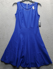 New York & Company Fit & Flare Dress Womens 2 Blue Stretch Beaded Neck Back Zip