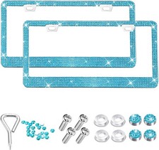 2pcs Bling Car License Plate Frame Stainles Steel Rhineston Color Aqua Blue