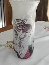 Vintage Attractive Art Nouveau Style Flapper Lady Crackle Glass Vase