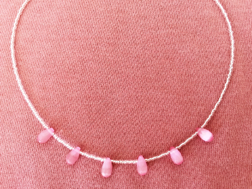 Silver Beaded Necklace, Pink Cat's Eye Fiberoptic Drops, Sparkling Minimalist - Bild 2 von 10