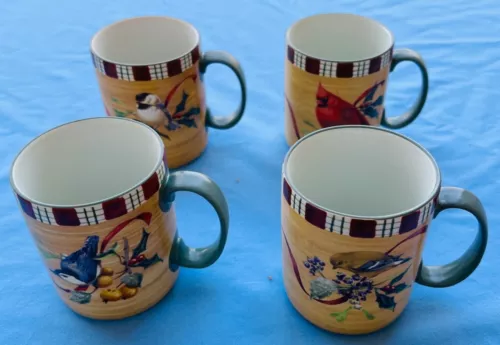 FOUR Lenox Winter Greetings Everyday Mugs Multi-Bird Patterns NEW w Label