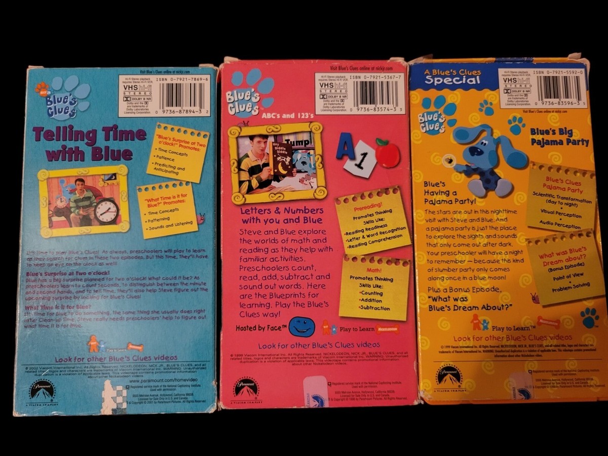 3 VHS Lot Of Blues Clues Including Telling Time With Blue
