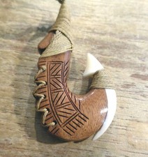 38MM COMPOSITE KOA WOOD WATER BUFFALO BONE BRAIDED HAWAIIAN FISH HOOK NECKLACE