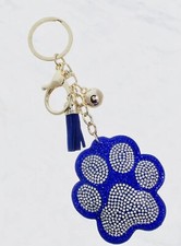 Paw Print Blue  Clear Rhinestone Bling Faux Suede Stuffed Key Chain Charm NEW