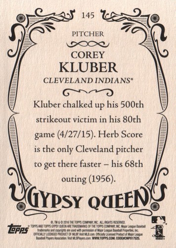 2016 Topps Gypsy Queen #145 - Corey Kluber - Cleveland Indians 16-437 - Picture 2 of 2