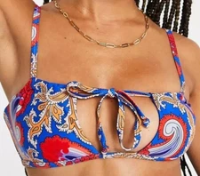 Missguided Bikini Top Size 6 Womens Cutout With Head Wrap Blue Paisley Print