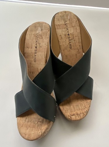 Lucky Brand Miller Blue Gray Cork Wedge Heels Slide on Sandals Size 10 - Picture 2 of 4