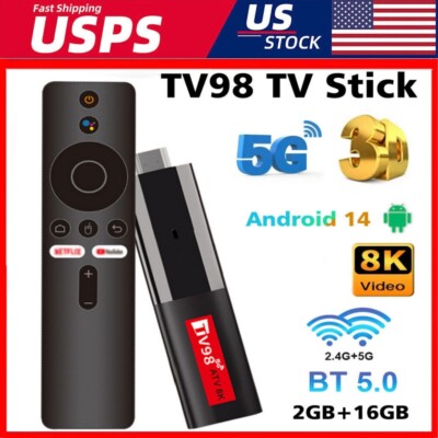 TV98 TV Stick Android 14 2.4G 5G Dual WiFi Smart TV Box 2G+16G 8K Media Player