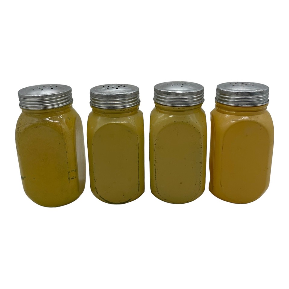VTG Hocking Shaker Set Salt Pepper Flour Sugar Yellow Fired On Art Deco