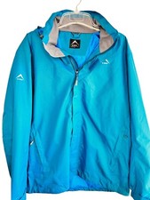 K-way Hooded Windbreaker Rain Coat Jacket Large Teal Blue Pockets Waterproof Euc