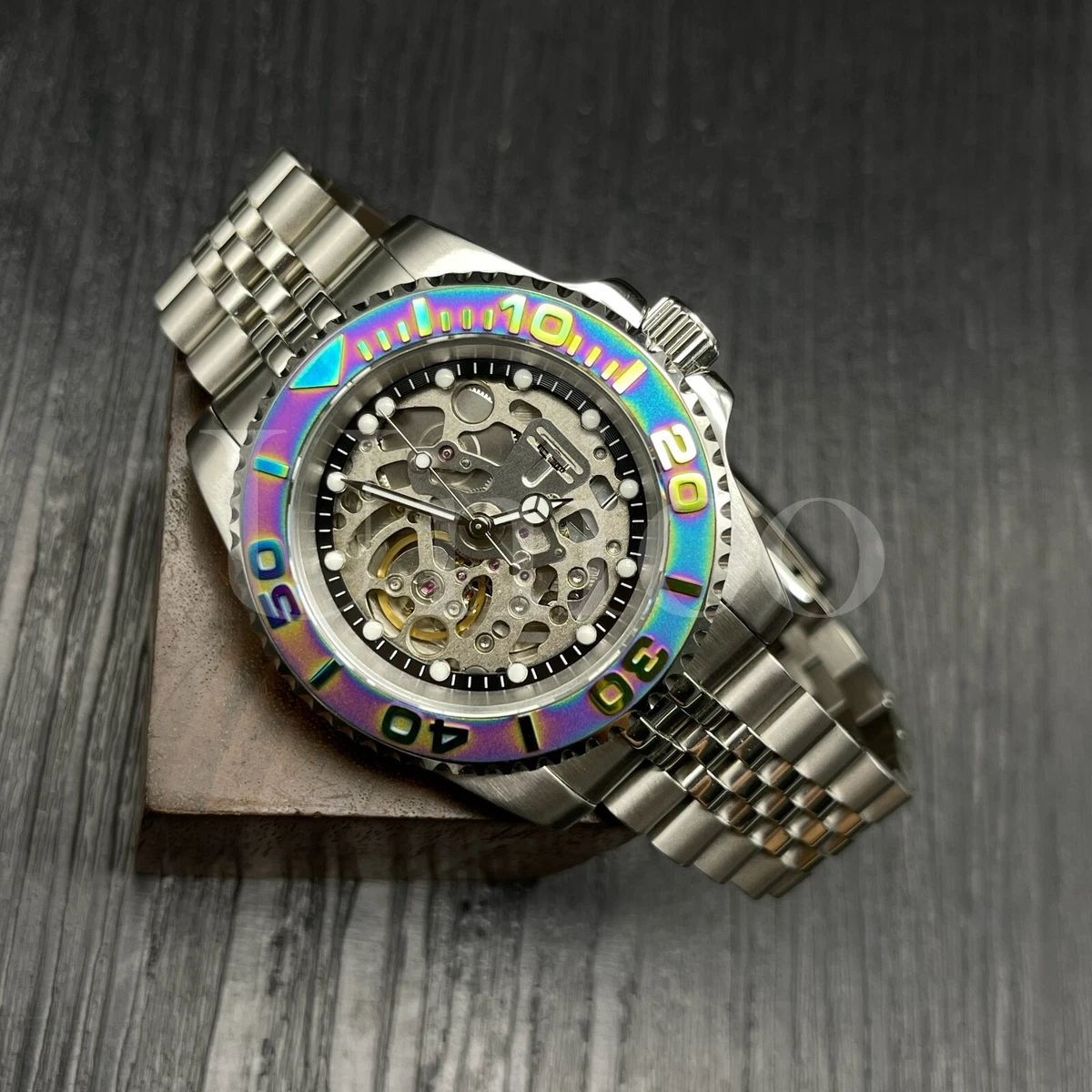 Custom Made Skeleton Watch 40 mm YM Style Diver NH70 Auto Movement Rainbow Bezel