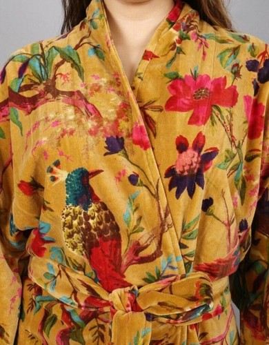 5 Pc Jungle Print Mustard Velvet Kimono Robe Beach Coverup Dress Bridesmaid Robe - Picture 3 of 5