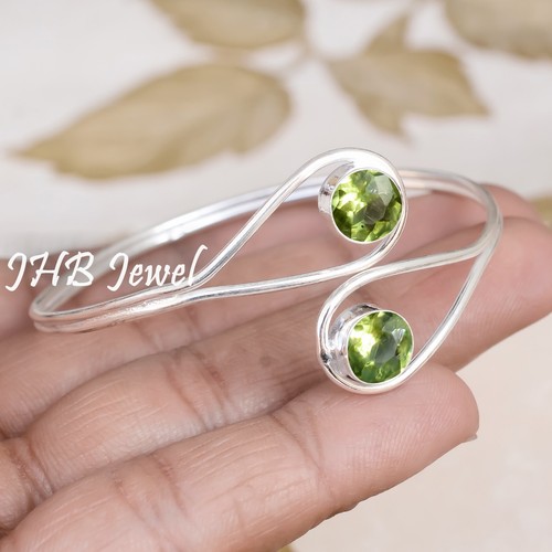 Faceted Peridot Gemstone Bangle 925 Sterling Silver Bracelet For Couple Gift - Picture 2 of 4