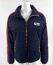 Fila Womens Puffer Coat Size Medium Navy Blue Red Zip Up Winter Coat