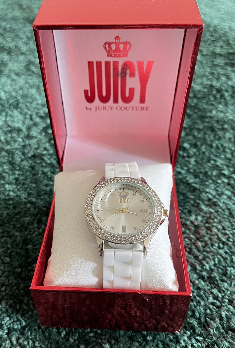 Juicy Couture Wrist Watch White Rubber Band Crystals Accents Face