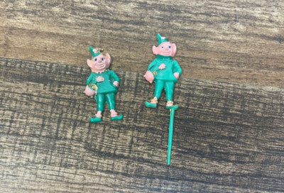 Vintage Lot of 2 Plastic Green Leprechaun Cake Toppers Elf Gnome Dwarf Hong Kong