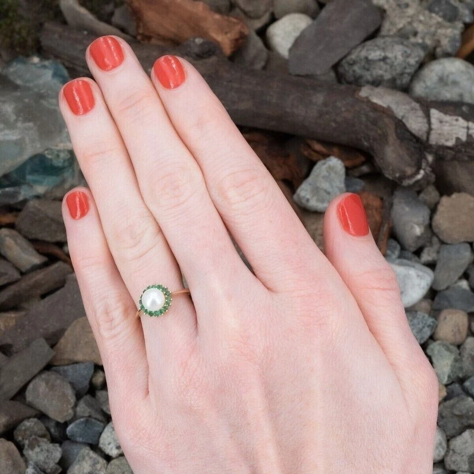 Round Cut Lab Created Emerald Pearl Ring for Mother's Day 14k Yellow Gold Plated - Image 4 of 4