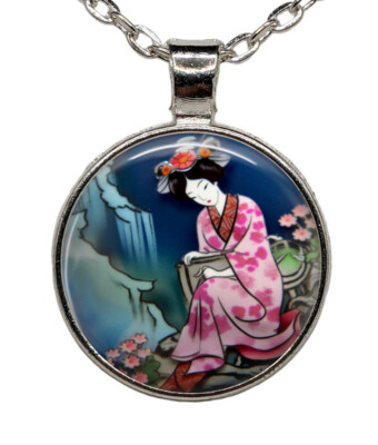 Japanese Lady Kimono Glass Top Pendant Necklace Handcrafted