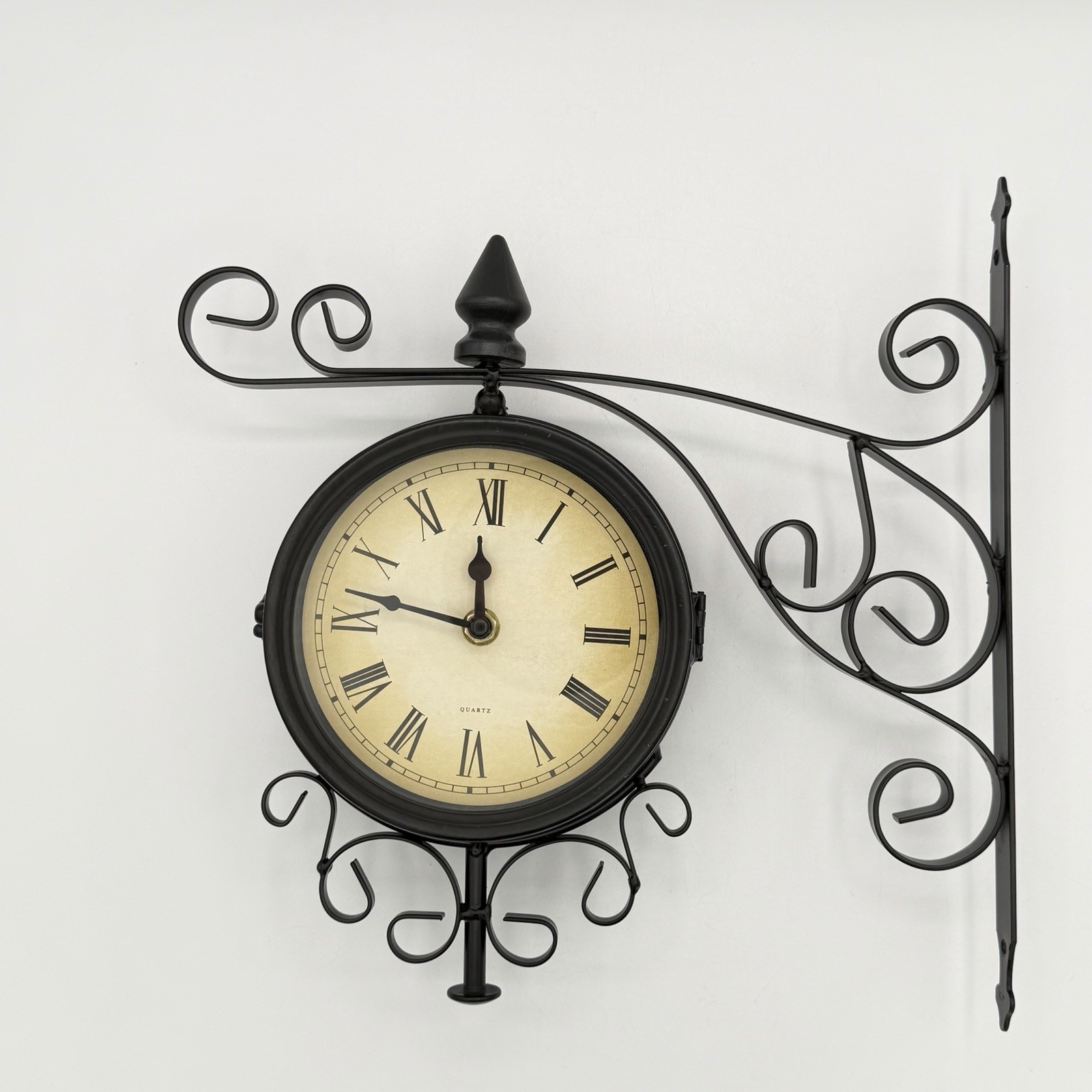 Double Sided Quartz Wall Clock Black Scroll Swirl Metal Vintage