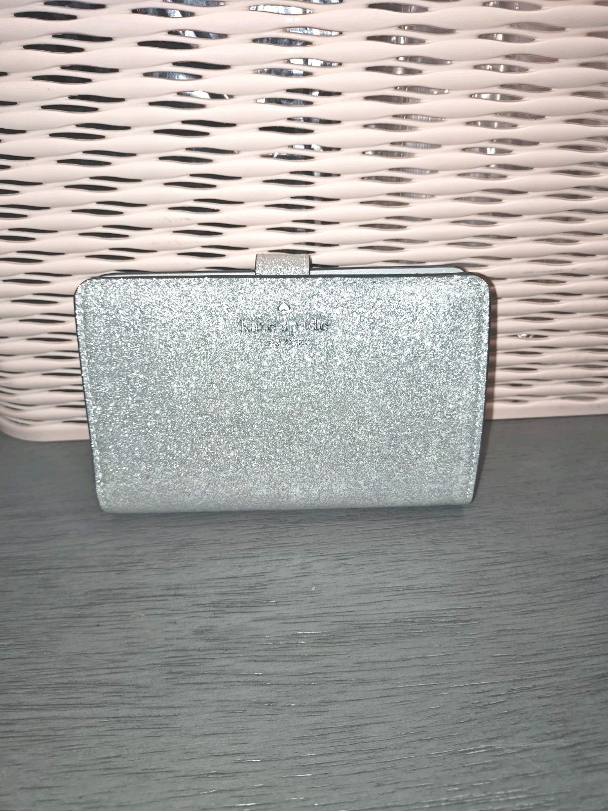Kate Spade New York Silver Glitter Accordion Zip Around Wallet Organizer Clutch