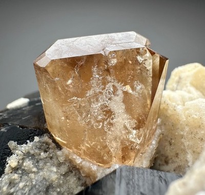440 G Full Terminated Sherry Color Topaz Crystal, Smoky Quartz, Mica On Matrix.