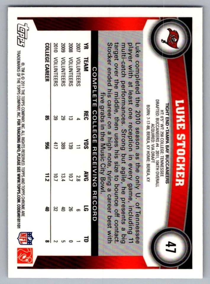 2011 Topps Chrome Luke Stocker Rookie Tampa Bay Buccaneers #47 - Image 2 of 2