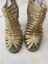 CHANEL Gold Patent Leather Strappy Peep Toe Block Heel Zip EU 38 US 7.5/8
