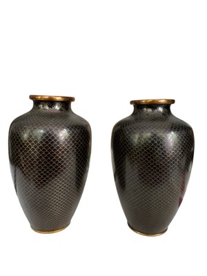 Pair Of Handsome Antique Chinese Black Scale Cloisonne Vases Ca. 1900's