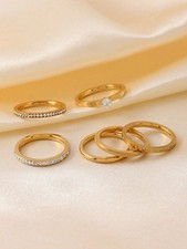 Gold 1 Minimalist Stainless Steel Rhinestone Stackable Rings Set Size 6 7 8 9 10
