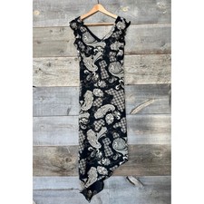 Studio Y VTG 90s Y2K Babydoll V-Neck Flutter Sleeve Midi Dress M Black Paisley