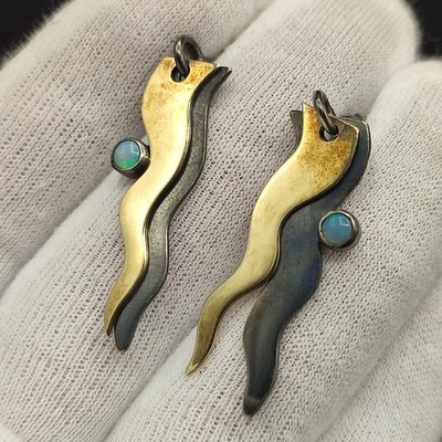 Vintage Modernist Opal Ohrringe 925er Silber vergoldet Welle Hängeohrringe Drop 