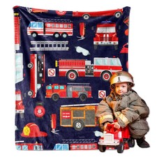 Fire Truck Blanket for Boys, Fire Truck Throw Blanket for Kids, Blue Firefigh...