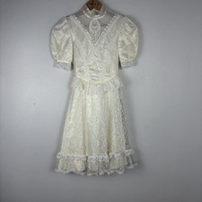 VTG Jessica McClintock Ivory Lace Dress Girls 10 Puff Sleeve Communion Formal