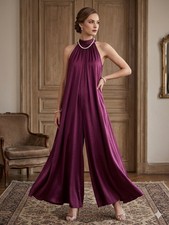 NWT MSK Stunning Extra Wide Leg Silky Feel Halter Back Neck Tie Jumpsuit Sz S