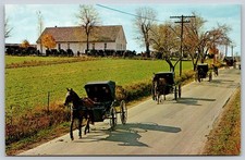 1966 Old Order Mennonite Carriages at Church Witmer PA Postcard Mel Horst AA517