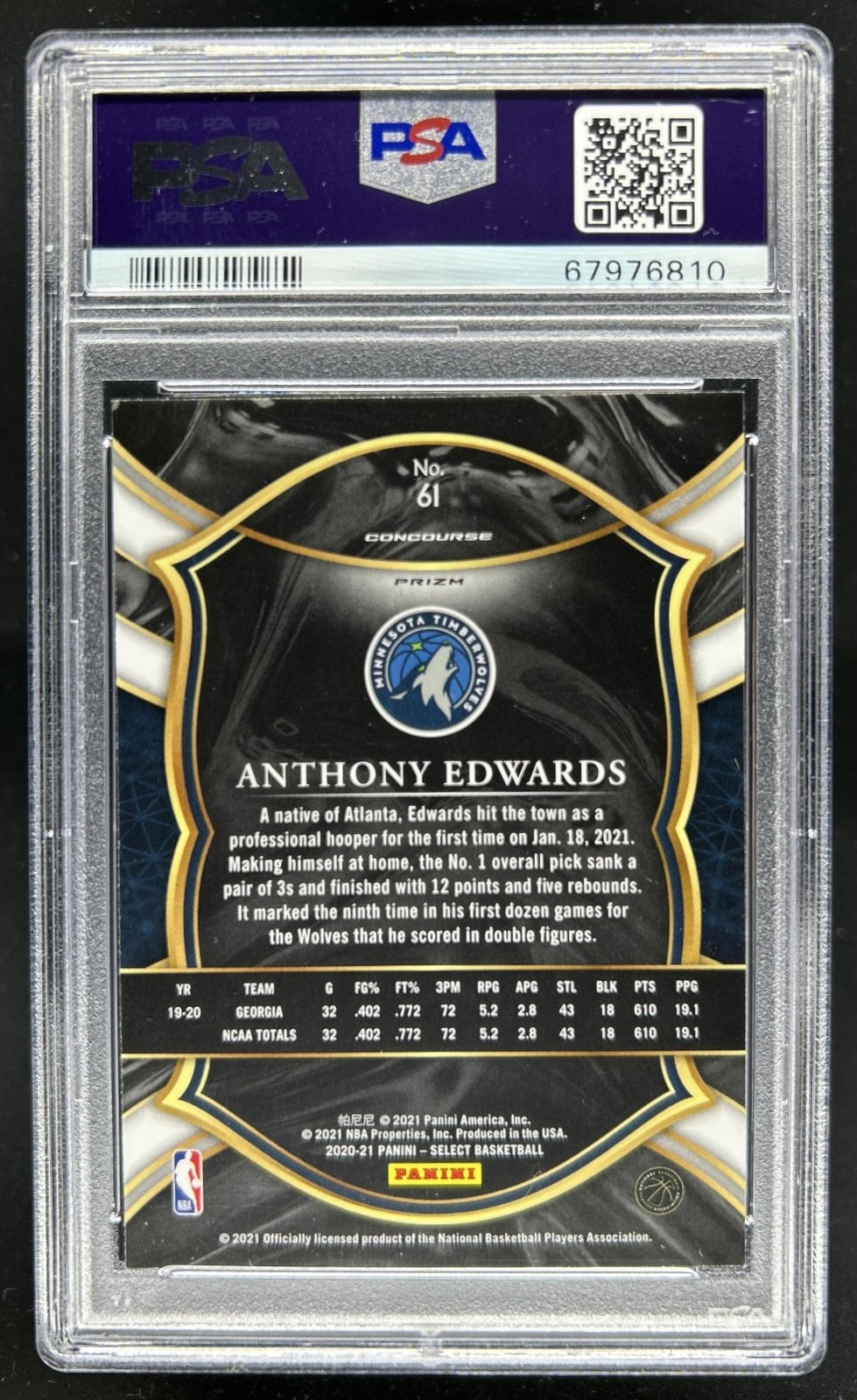 2020-21 Panini Select Anthony Edwards RC Silver Prizm Concourse #61 PSA 9 view 2