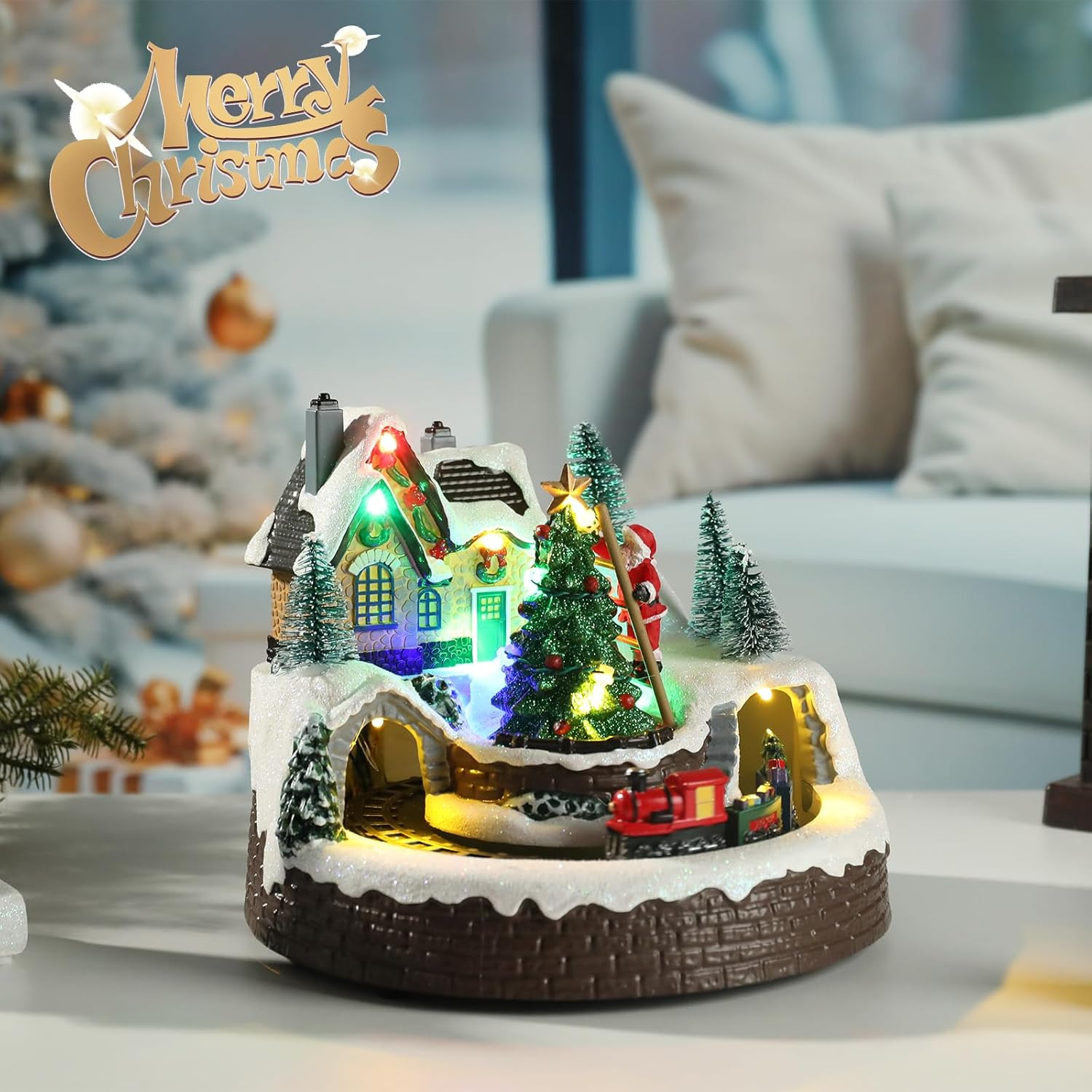 Christmas Village Houses, Polyresin Christmas House Village with Moving Train &