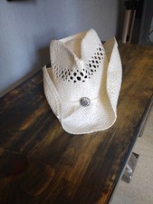 Western Cowboy Cowgirl Straw Hat Sun Summer Beach Rodeo, White, Embellishments