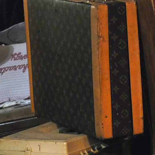 Vintage Hard-Sided Suitcase Brown/Black Monogram Pattern Locking Latch