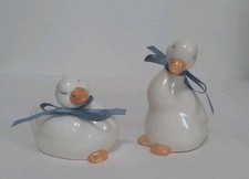 2 Vintage 1970's Country Duck Geese Figurines With Blue Neck Bows 4.5"H  3.5"H