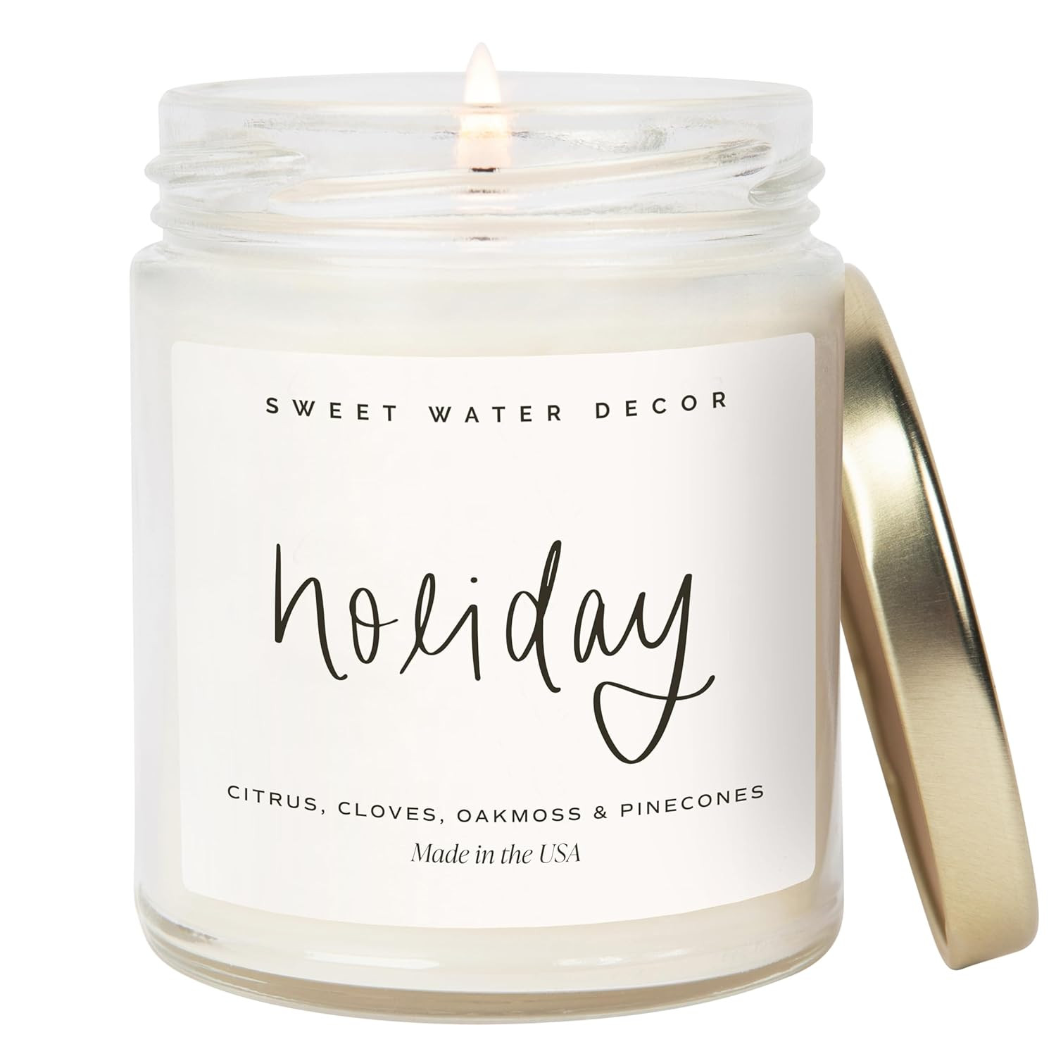 Holiday Candle by Sweet Water Decor with Cloves Pine Scent in White Script Label  
