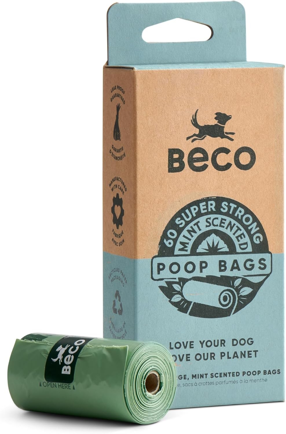 Beco Dog Poop Bags Rolls - Strong & Large - 60 Bags (4 Rolls of 15) Mint Scente