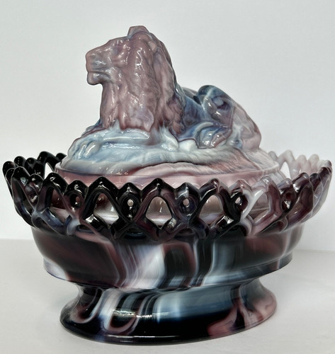 Vintage Imperial Glass Purple Slag Lion On Nest Covered Dish Lace Edge Basket