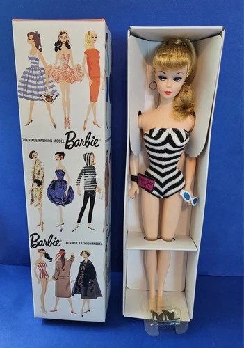 #1 Vintage Barbie BLONDE Ponytail Doll Box Swimsuit HOLES FEET 1959 Reproduction