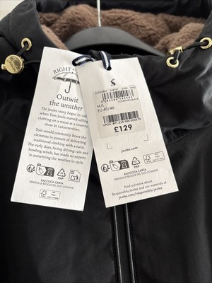 JOULES Coverwell Black Fleece Lined Waterproof Coat M/L EU40-46 BNWT RRP£129 Bl