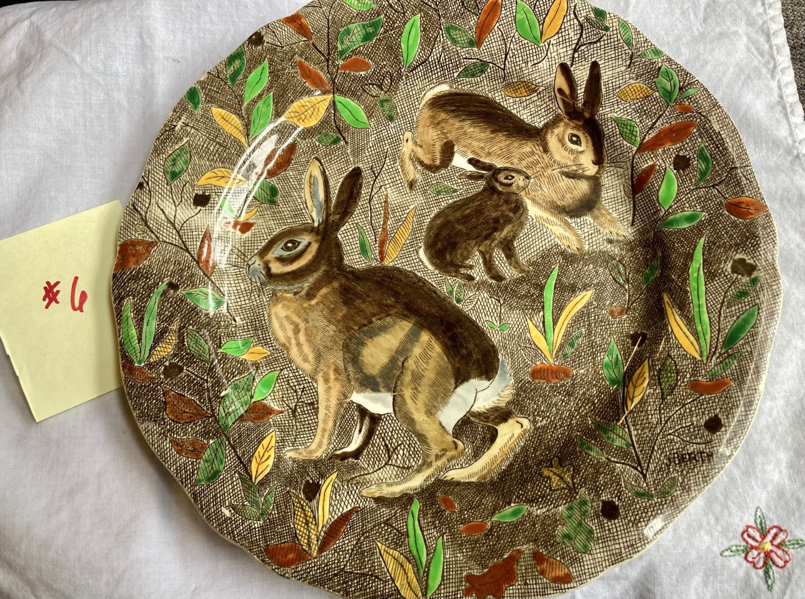 Vintage Gien Rambouillet Plate RABBIT French Faience Hunting Scene 10
